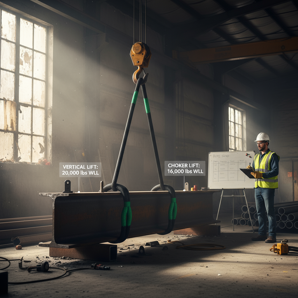 Diagram showing vertical versus choker working load limit for a wire rope sling