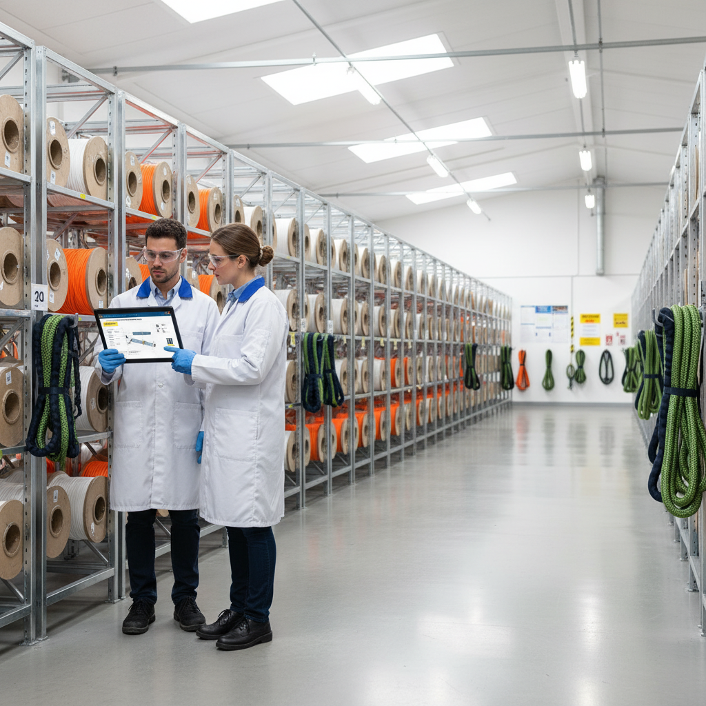 iRopes engineers reviewing sling specifications on a digital tablet beside rows of polyester rope spools in a clean production hall
