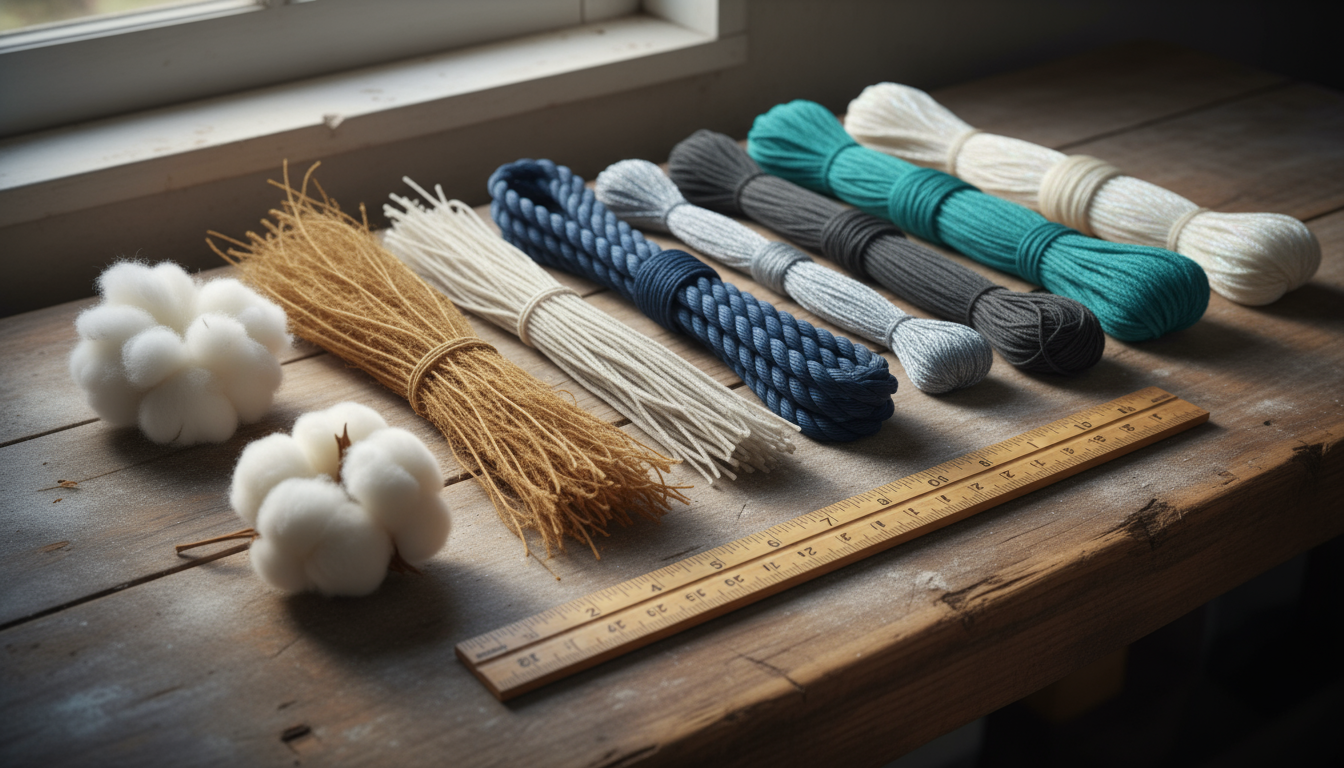 Close-up of cotton, hemp, and Manila fibres laid out beside synthetic yarns, showcasing texture and colour variations
