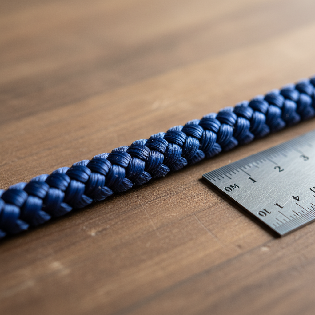 Close-up of a woven braided rope showing interlaced nylon fibres in a solid braid pattern