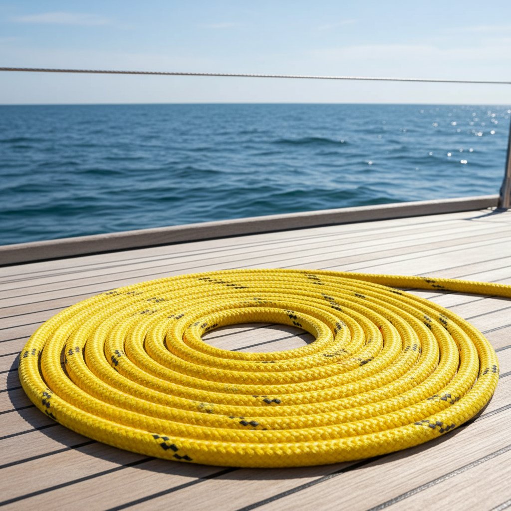 Close-up of yellow 8-plait nylon anchor rode coiled neatly on a boat deck, showing the tight braided 8-strand pattern against a blue ocean backdrop with sunlight highlighting its smooth texture