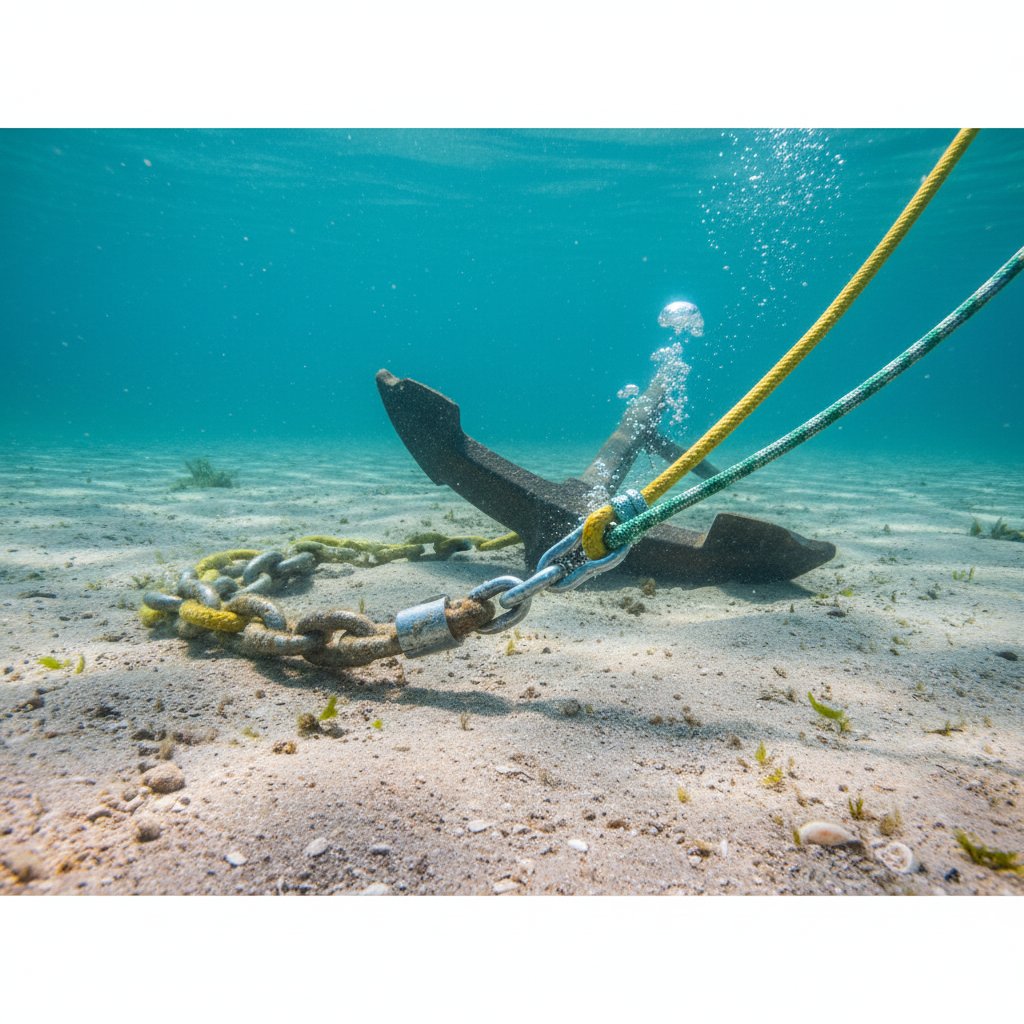Underwater perspective of a galvanized chain leader transitioning to yellow 8-plait nylon rope on a sandy ocean floor, with an anchor fluke partially buried nearby and bubbles rising from the connection point