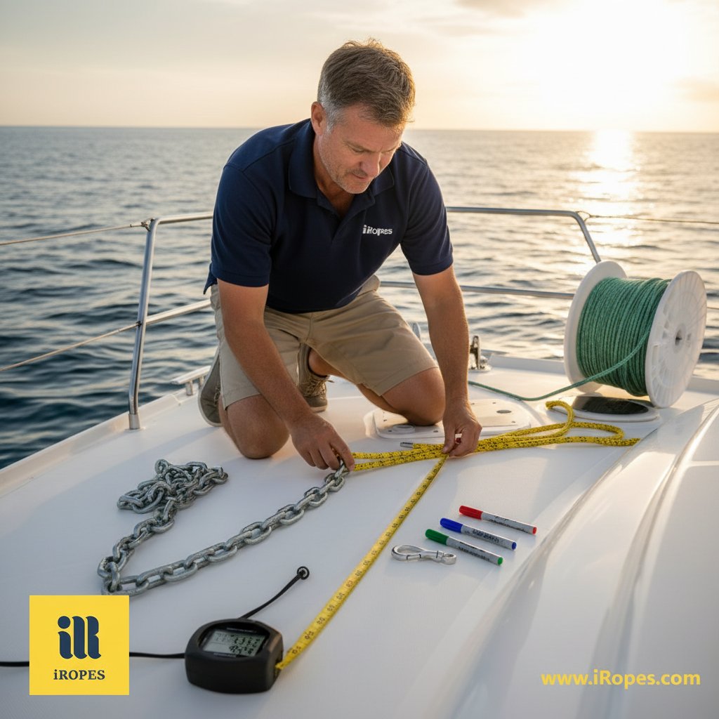 Boater on deck measuring yellow 8-plait rope against a chain leader with a depth finder nearby, ocean horizon in soft morning light, tools like tape measure and markers scattered on the fiberglass surface