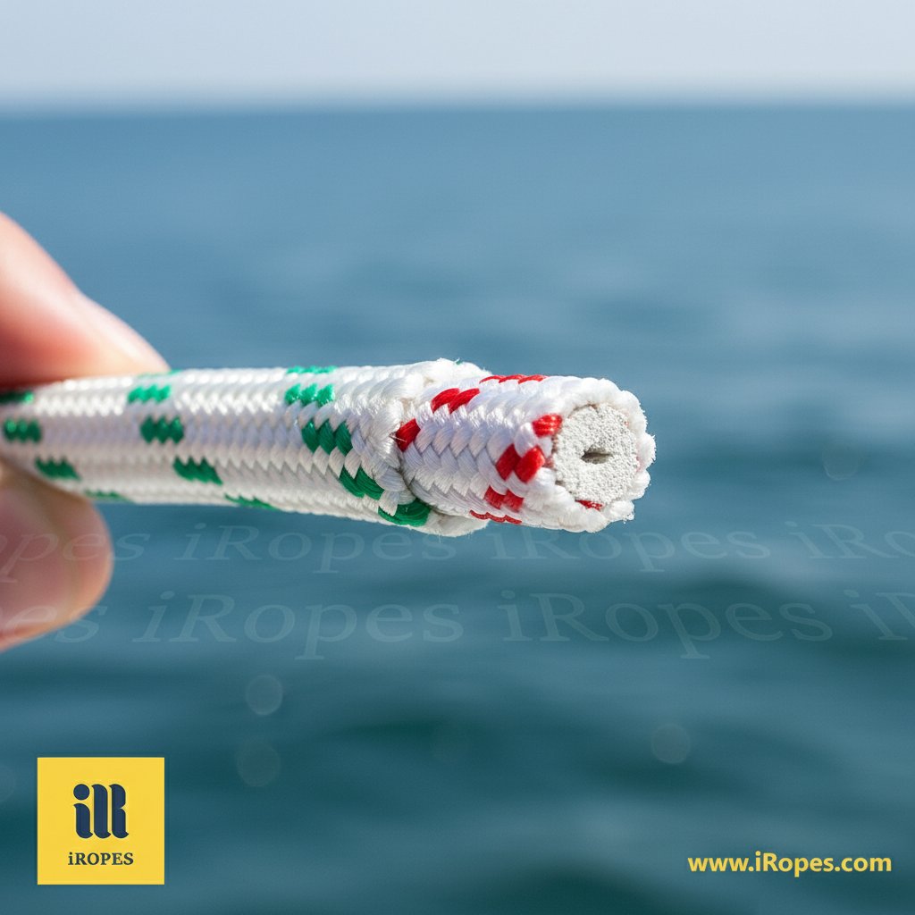 Close-up of braid on braid rope cross-section showing braided core and sheath for torque-free marine handling, with smooth white fibres against blue ocean backdrop