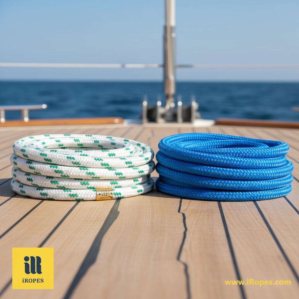 Coiled double braid yacht rope in polyester and nylon side by side on a yacht deck, showing smooth white polyester next to slightly textured blue nylon against wooden planks and ocean horizon