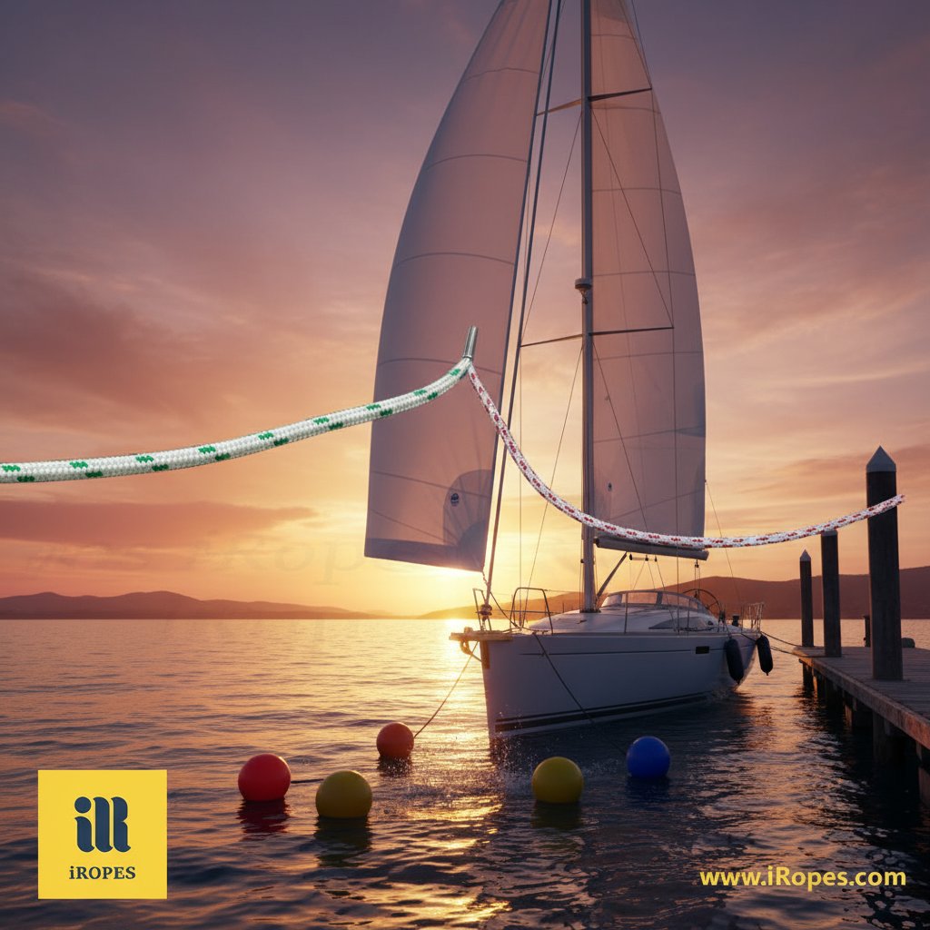 Double braided marine rope in action on a yacht, with polyester halyard hoisting a sail against sunset waters and nylon dock line securing to a pier with buoys floating nearby