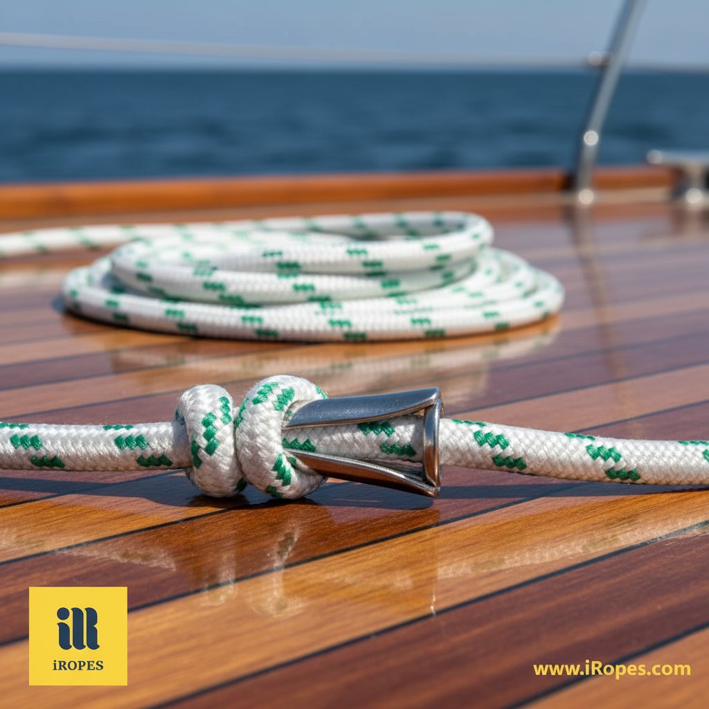 Close-up of a spliced eye in double braid yacht rope on a yacht deck, showing neat core-cover integration with a metal thimble, white fibres against varnished wood and coiled line nearby