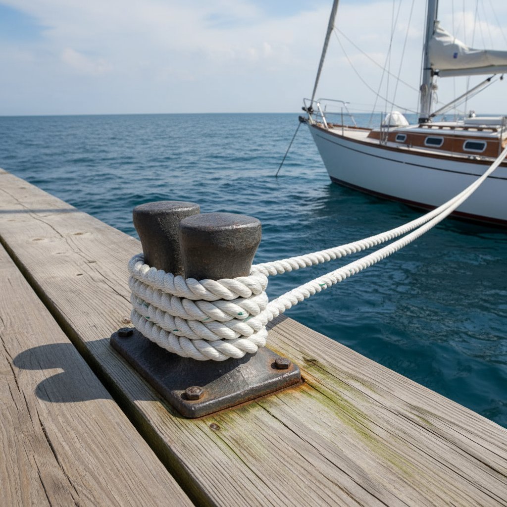 Half inch nylon rope in use for yacht mooring, coiled around a cleat on a wooden dock with ocean waves and a sailboat in the background, showing its secure hold and flexible form under tension