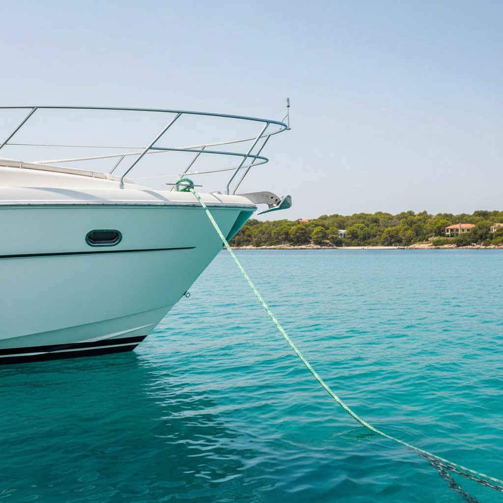 Double braided nylon line securing a yacht at anchor in calm bay waters, with rope taut against blue sea and distant shoreline under clear sky, demonstrating secure hold and flexibility