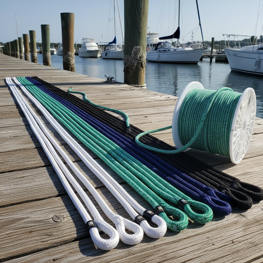 Selection of double braid nylon ropes in various diameters from 3/8 to 5/8 inch laid out on a wooden dock, showing colour options in white, blue, and black with eye splices, against marina background with boats and pilings