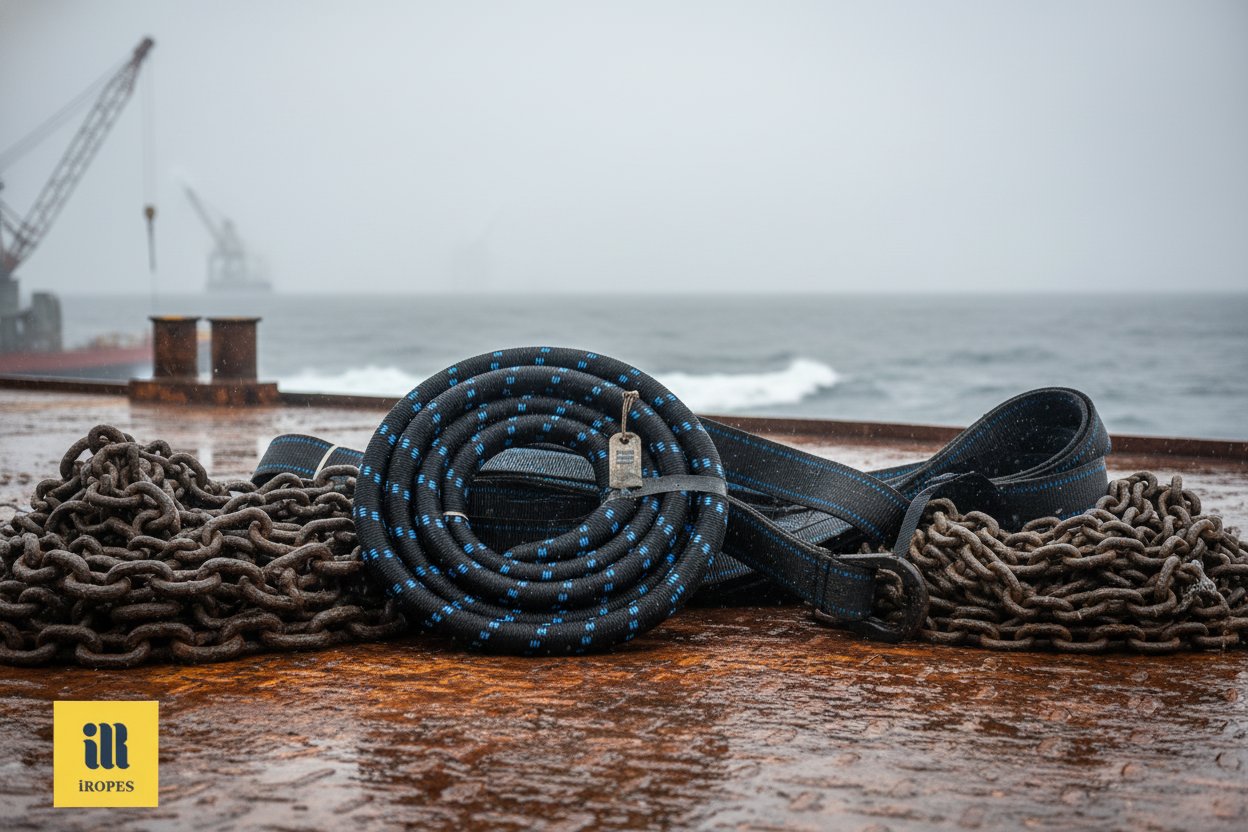 Close-up of synthetic webbing, round, and chain slings coiled on a ship's deck under overcast skies, showcasing their flexible forms against weathered metal surfaces and ocean waves in the background for a gritty marine vibe