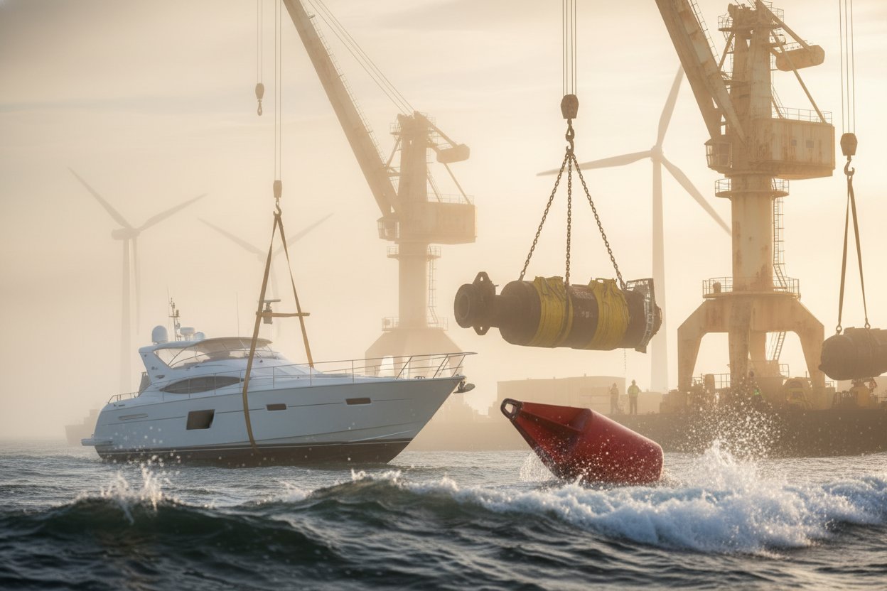 Synthetic webbing sling lifting a yacht hull section gently over waves, round sling wrapping an irregular buoy in offshore wind, and chain sling hoisting heavy shipyard equipment under cranes, all in a dynamic marine setting with saltwater spray and rusted metal contrasts