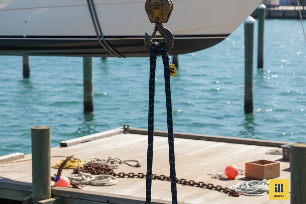 Close-up of an eye and eye sling in use during a marine lift, showing the reinforced eyes looped over a hook with a boat hull suspended below, in a sunny harbor setting with blue water and wooden dock