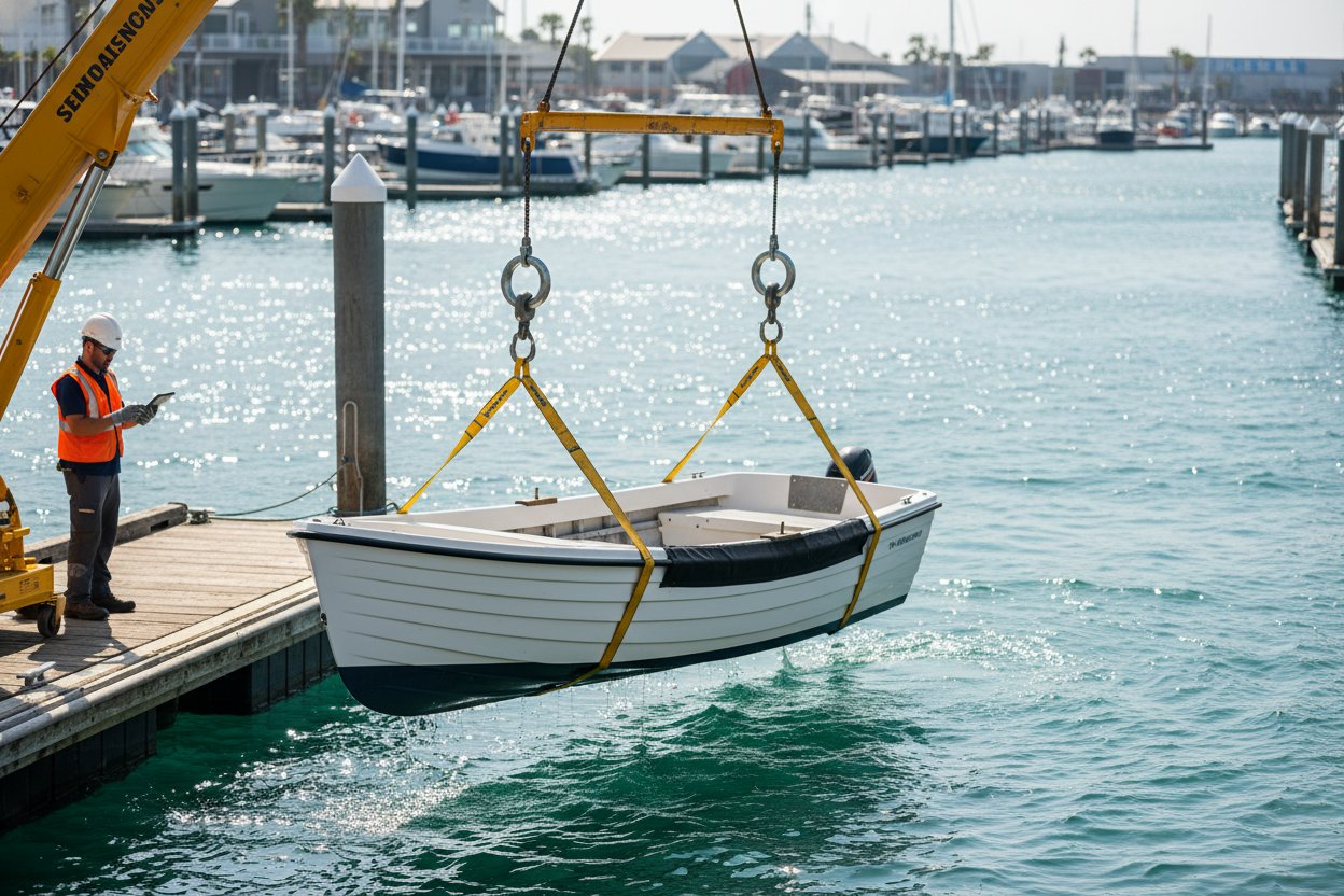 Eye sling with twisted eye and Cordura wear pad attached to a shackle, lifting a small boat from water in a marina with waves lapping and sunlight reflecting off the surface