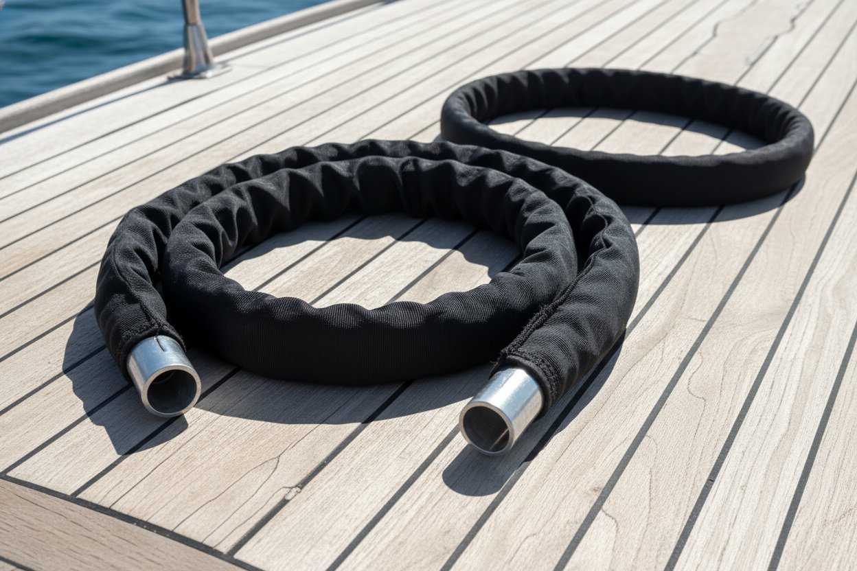 Close-up of a polyester choker lifting sling with eye-and-eye construction and steel thimbles, coiled on a yacht deck beside nylon endless variant, highlighting webbing texture and hardware shine under marine sunlight