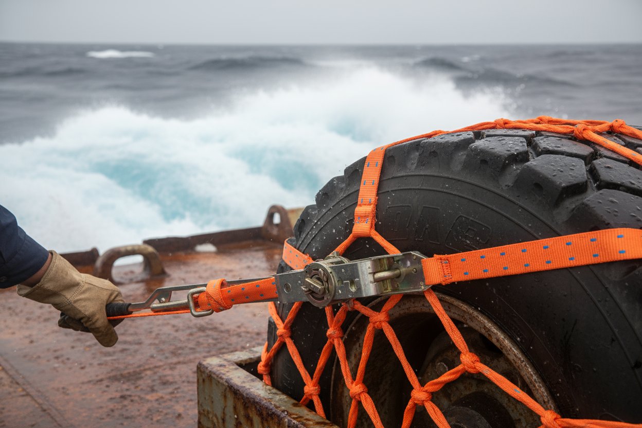 Close-up of a side-mount wheel net securing a truck tire on a ship deck amid ocean spray, showing durable webbing and ratchet mechanism in action
