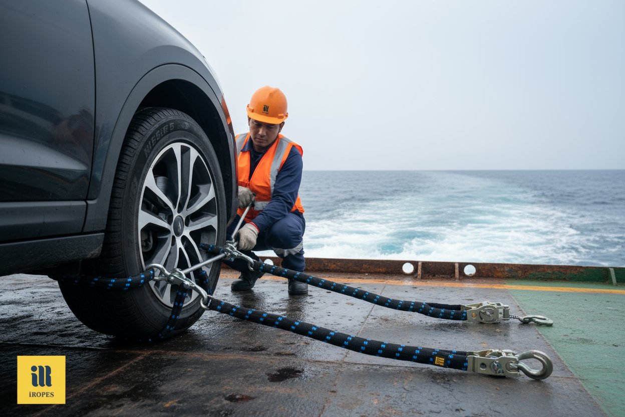 Wheel net in action on a ferry deck, with adjustable straps tightened around a car tire using ratchet and hooks, waves visible in background showing marine stability