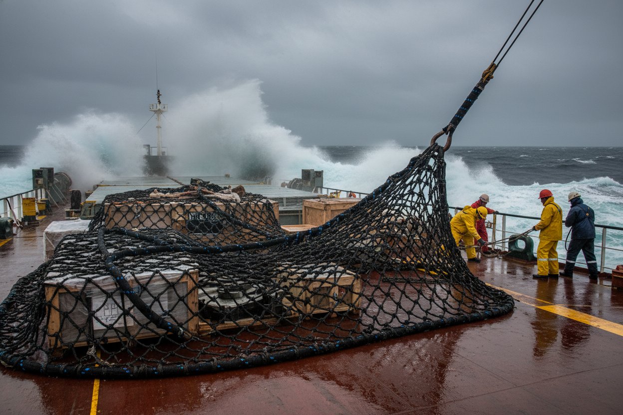 Cargo net lifting sling tangled and wet on a ship deck during stormy seas, showing frayed mesh and uneven load distribution on irregular cargo with ocean waves crashing nearby