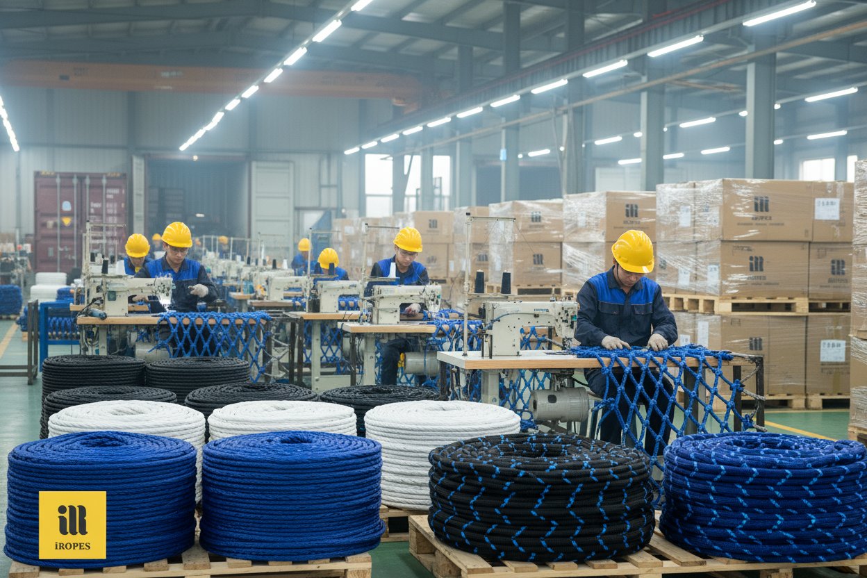 iRopes manufacturing facility showing workers customizing wheel nets with precision tools, marine-grade materials in foreground, and packaged shipments ready for global export