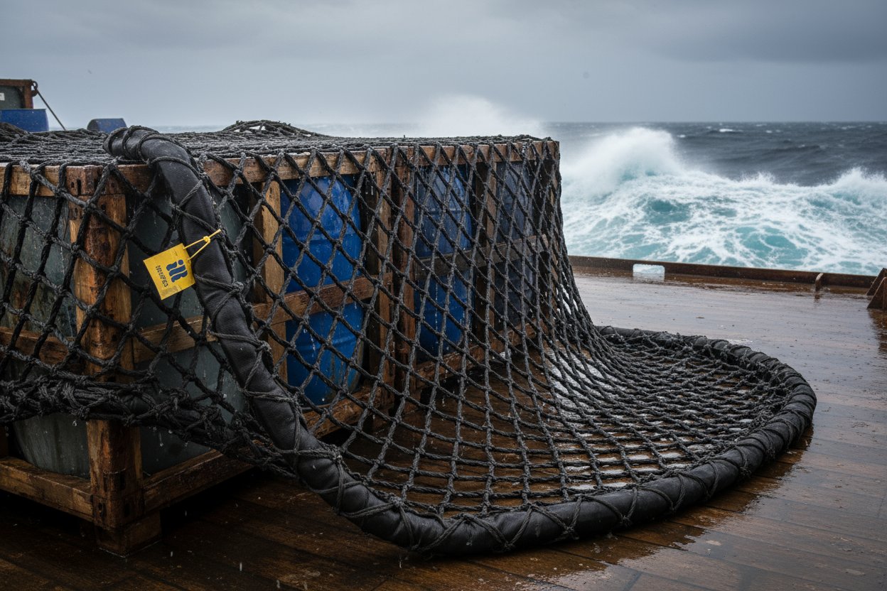 Close-up of a knotted industrial cargo net draped over stacked equipment on a ship's deck during stormy seas, highlighting reinforced edges and secure mesh holding items steady against waves