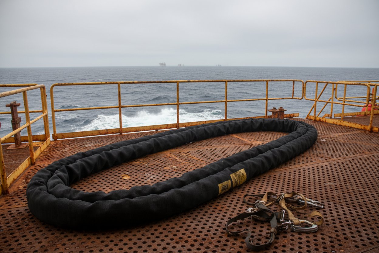 Coiled industrial rope made from Dyneema on an offshore platform deck, with visible braided texture against a backdrop of ocean waves and rusted metal structures