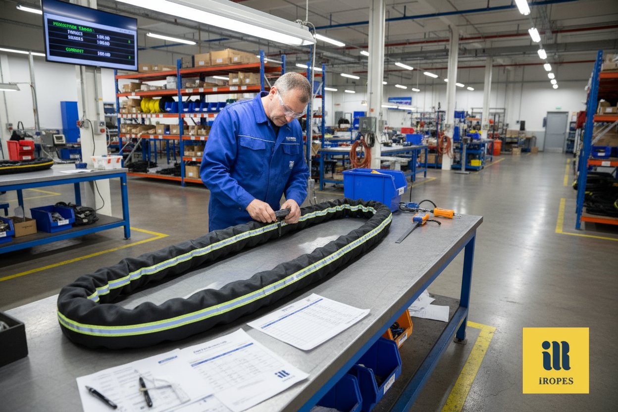 Custom industrial sling with branded colours and reflective strips being inspected in a modern manufacturing facility, surrounded by tools and quality control charts under bright overhead lights