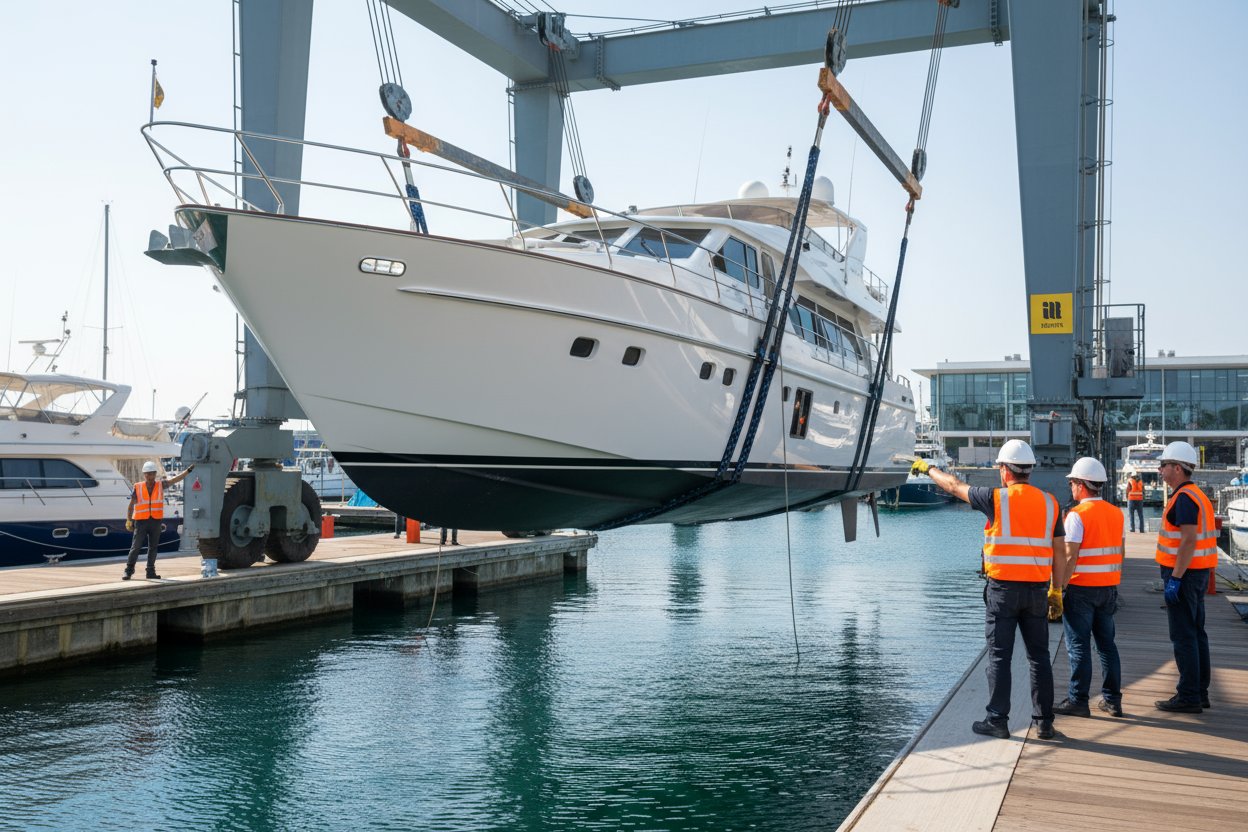 Diagram showing a bridle sling with multiple legs attaching to a yacht load, illustrating even weight distribution across attachment points in a marine lifting scenario with blue ropes against a dockside background