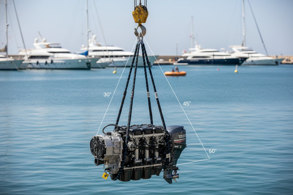 Illustrated diagram of bridle sling leg angles at 30, 45, and 60 degrees from horizontal, showing tension lines on a marine load like a boat engine with ropes converging to a master link above, in a harbor setting with calm waters
