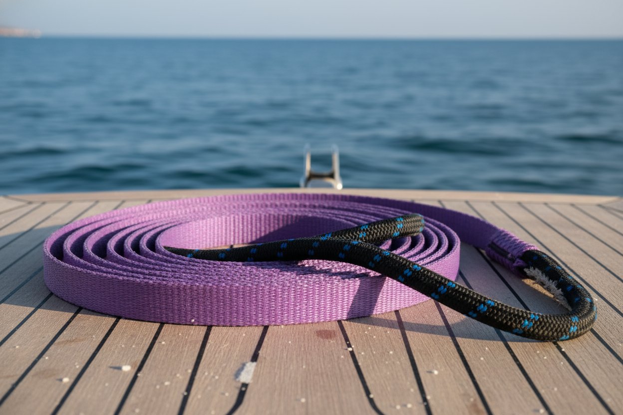Close-up of a purple 1 tonne web sling coiled on a yacht deck, showing flat webbing with reinforced eyes against a blue ocean backdrop, highlighting its flexible form and marine-ready durability