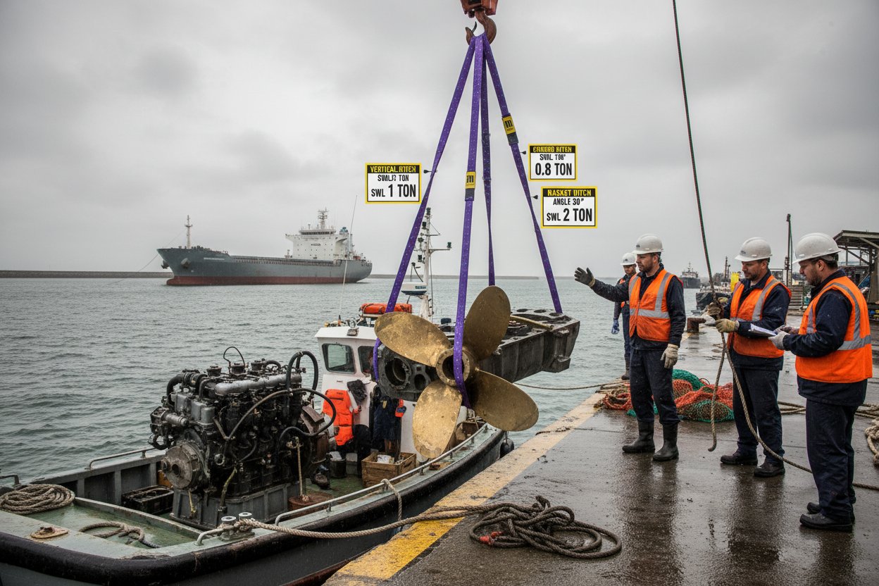 Illustration of a purple 1t sling in vertical, choker, and basket hitches lifting marine equipment on a dock, showing load distribution and angles with clear labels on a vessel background under overcast skies