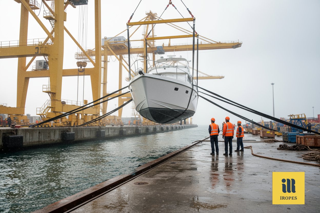 Diagram illustrating basket sling angles at 90 degrees vertical lines supporting a boat hull evenly, 60 degrees with slight outward lean, 45 degrees more sloped, and 30 degrees nearly horizontal amid dockside cranes and sea spray