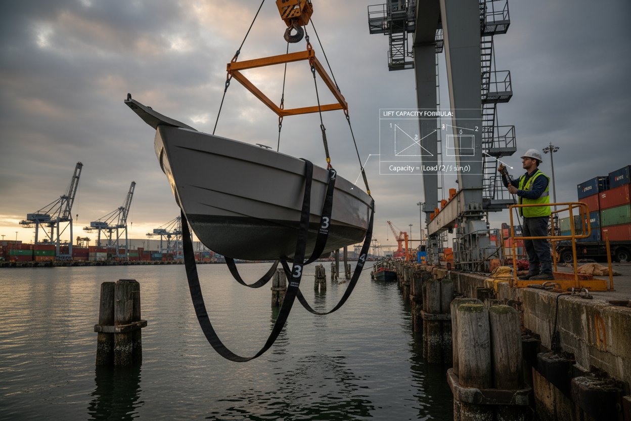 Step-by-step diagram of calculating basket lift sling capacity for a boat hull, showing formula application with numbered legs, angle measurement tool near a crane hook, and load weight labels in a dockyard setting with waves lapping against pilings