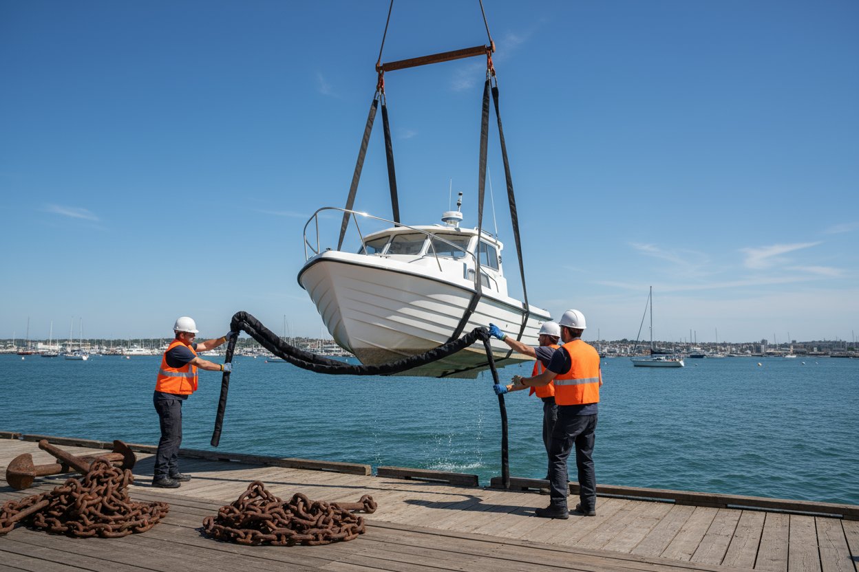 Basket sling cradling a boat hull during a dockside lift, with even leg distribution and protective padding against saltwater spray, showing a team adjusting for wind while equipment like anchors waits nearby