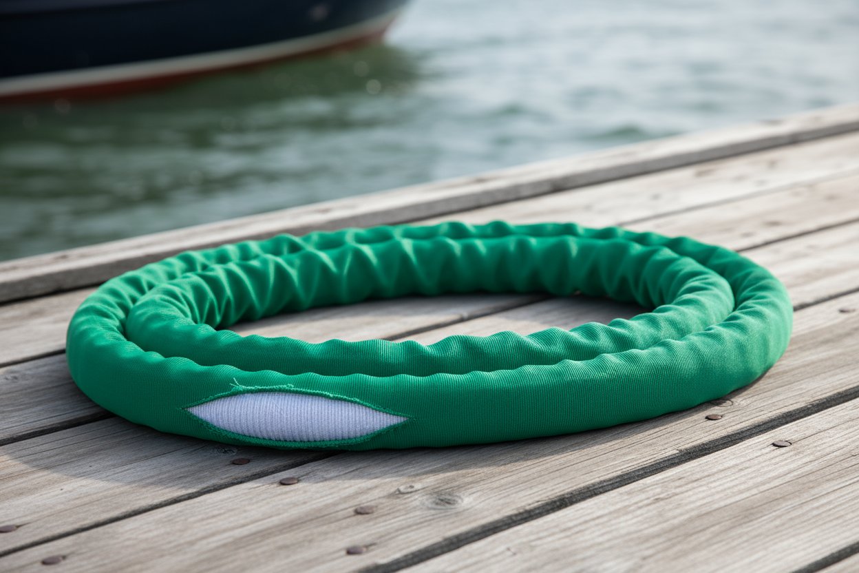 Close-up of a green synthetic round sling showing polyester core and protective cover, coiled neatly against a marine dock background with subtle ocean waves and boat hull in soft focus for a sense of reliability and versatility.