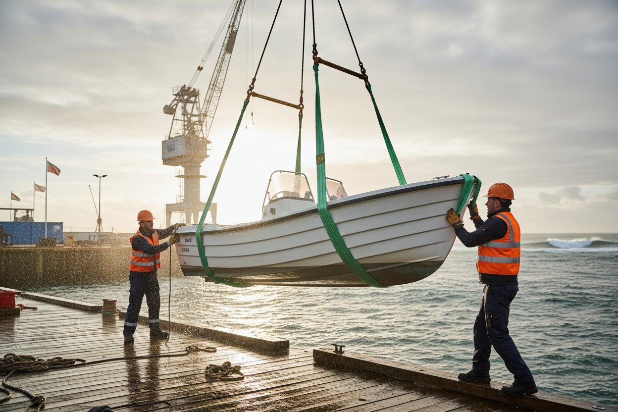 A green 2 tonne round sling in action, wrapping flexibly around a boat hull during a dockside lift, with workers securing it safely amid ocean spray and equipment shadows, highlighting its conforming shape and protective qualities.