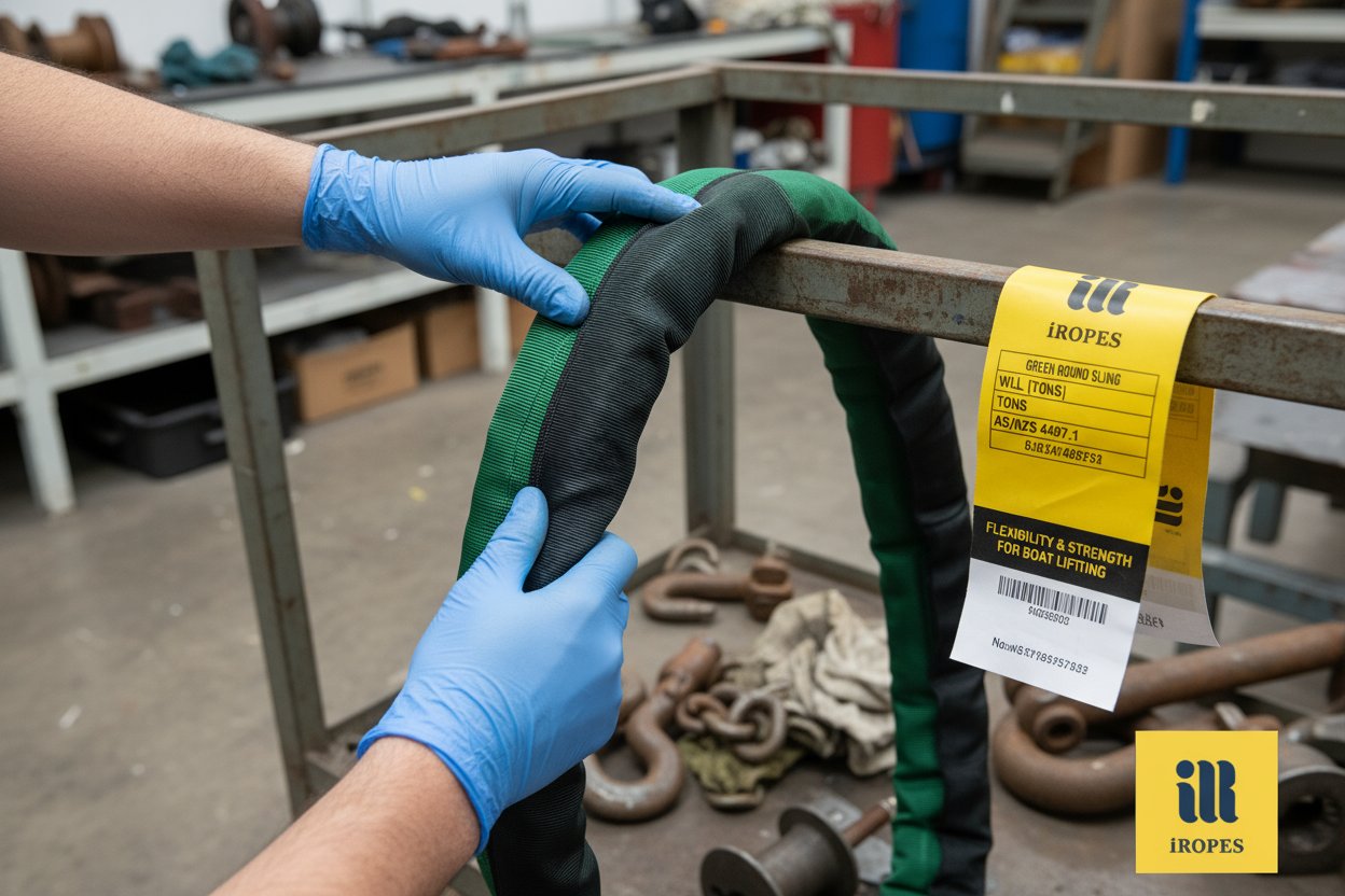 Close view of a green synthetic round sling during inspection, hands checking for cover tears and core integrity on a dry storage rack near marine tools, soft lighting revealing weave details and tag with standards info for a sense of routine care.