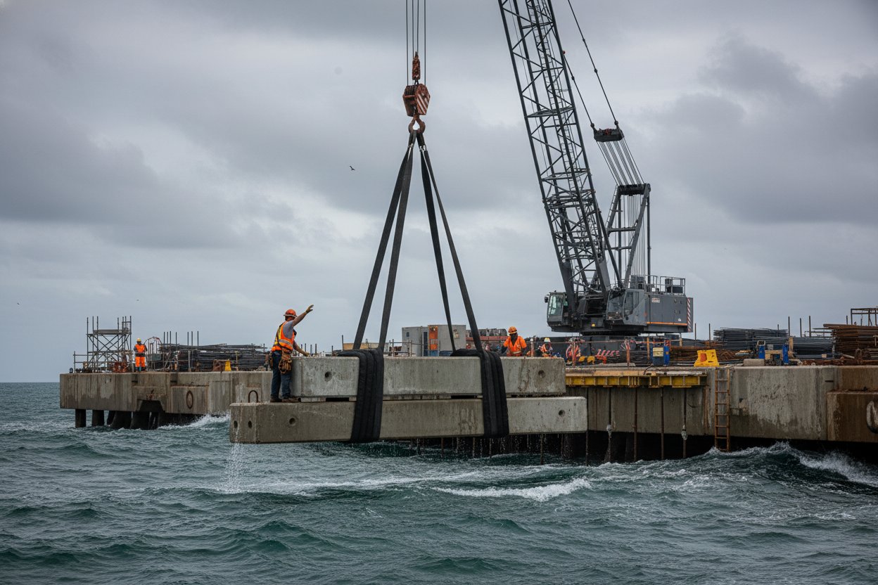 Workers using a construction sling to lift heavy concrete beams over choppy ocean waters during pier building, showing the sling wrapped securely around the load with a crane in the background under a cloudy sky