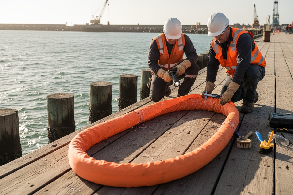 Close view of a rigging team inspecting a synthetic web sling for cuts and saltwater residue on a sunny dock, with tools spread out and ocean waves visible in the background, emphasizing careful handling in a marine construction yard