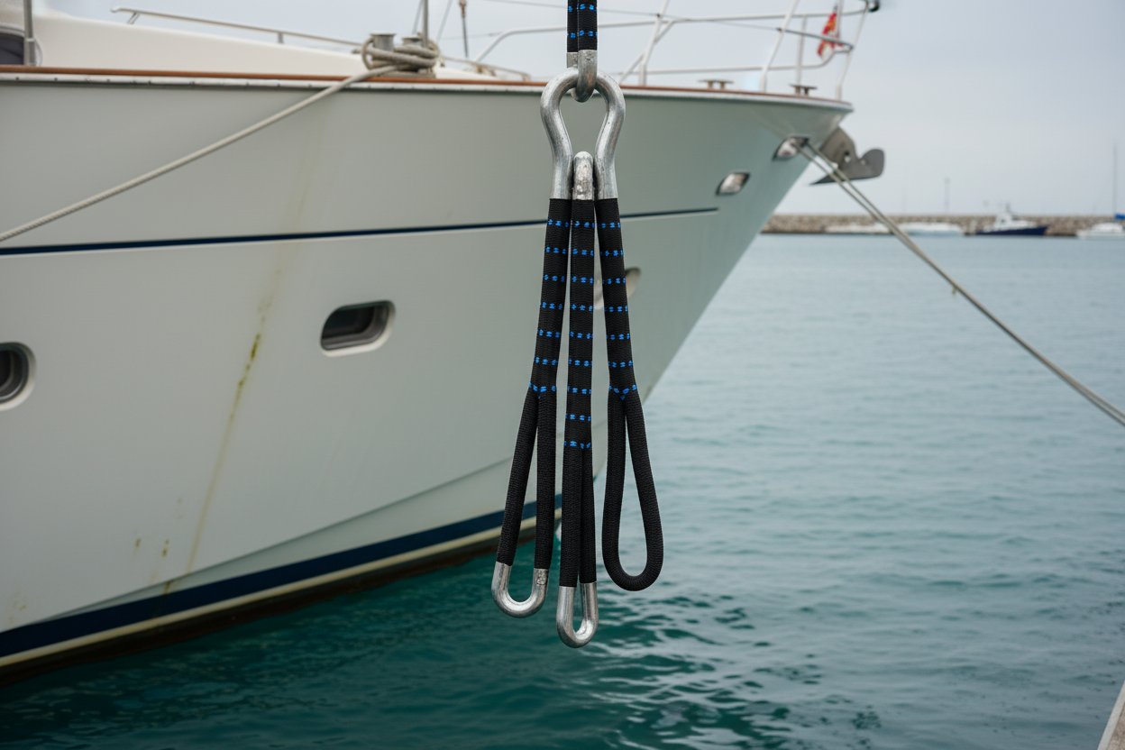 Close-up of a 3 leg bridle sling assembly showing three wire rope legs joined at a master link with thimble ends, set against a docked boat hull in a marina with calm blue waters and overcast skies for a practical rigging view.
