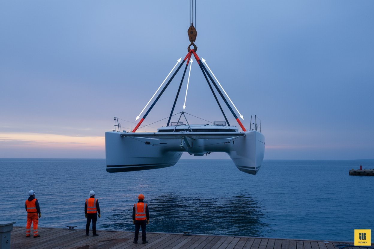 Diagram illustrating load distribution on a 3 leg sling lifting an asymmetric boat hull, with arrows showing weight split across three angled legs from a master link, blue tones evoking marina setting and red highlights on tension points for clarity.