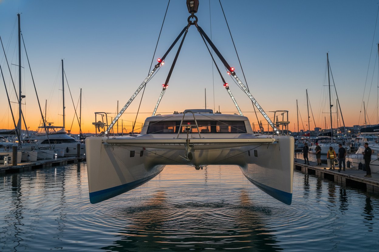 A three leg sling with reflective elements lifting an asymmetric catamaran hull from water, showing even distribution across wire and synthetic legs connected to a master link, marina setting at dusk with safety lights illuminating the rigging for enhanced visibility.