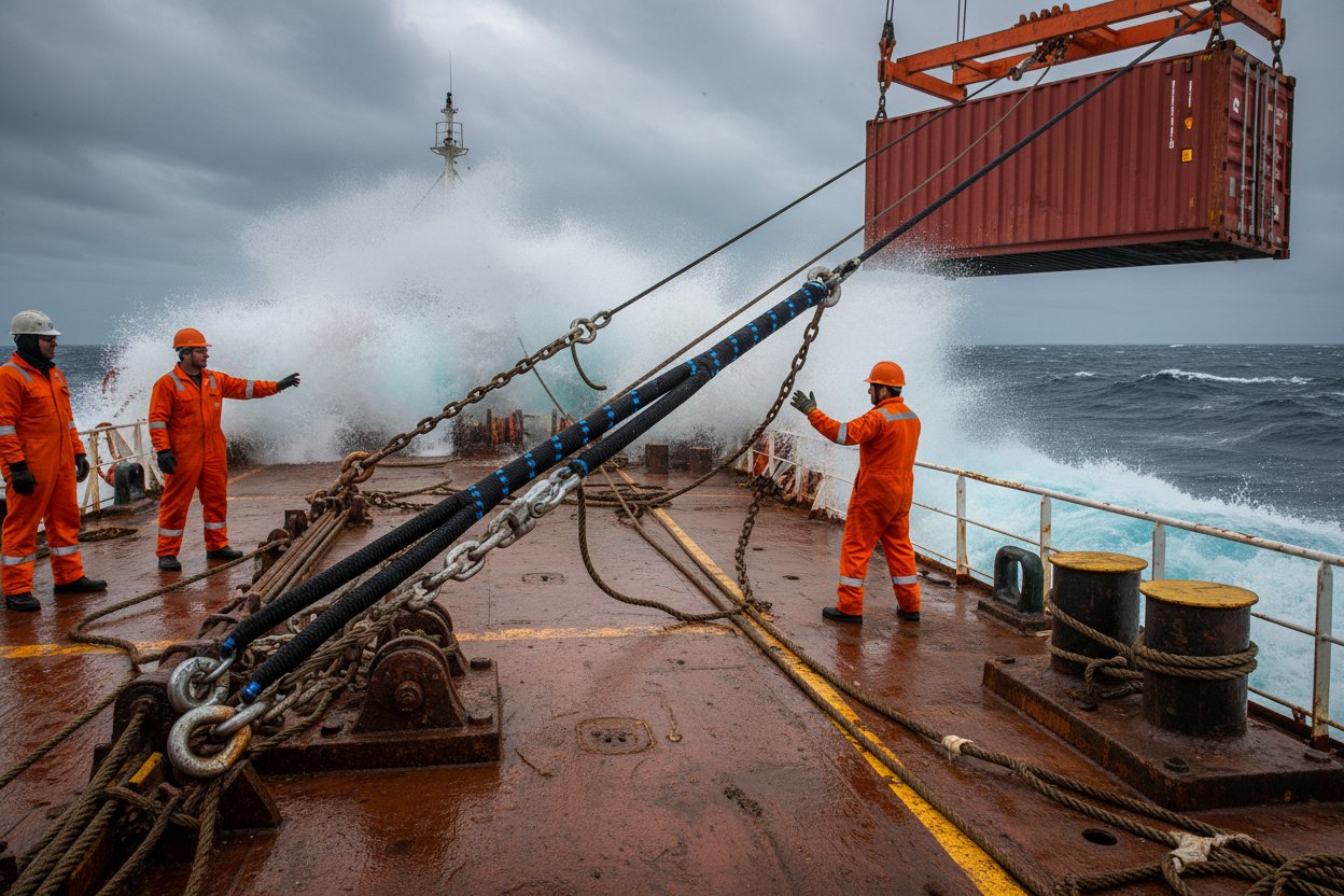A close-up of marine rigging setup on a cargo ship deck showing slings lifting a container amid rough seas, with saltwater spray and crew in safety gear, highlighting tension and stability