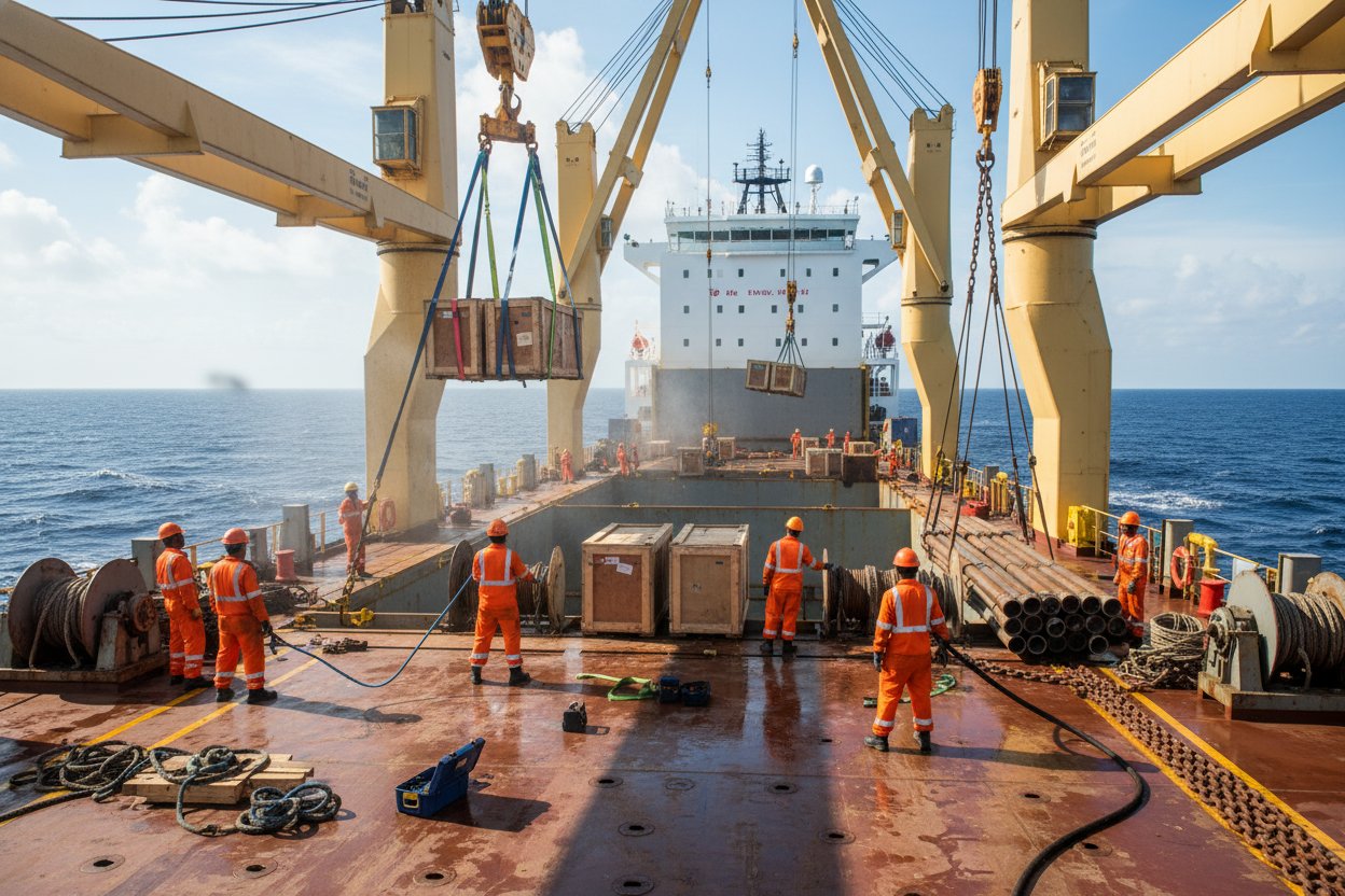 Various types of straps and slings in use on a marine vessel, including synthetic web slings lifting cargo, wire rope setups with thimbles, and chain configurations amid ocean waves and deck equipment