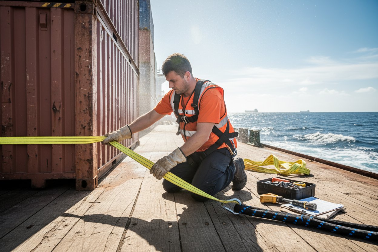 Crew member on a ship deck performing a detailed pre-use inspection of a synthetic web sling, checking for frays and testing hitch angles near cargo, with ocean waves in the background and safety harness visible