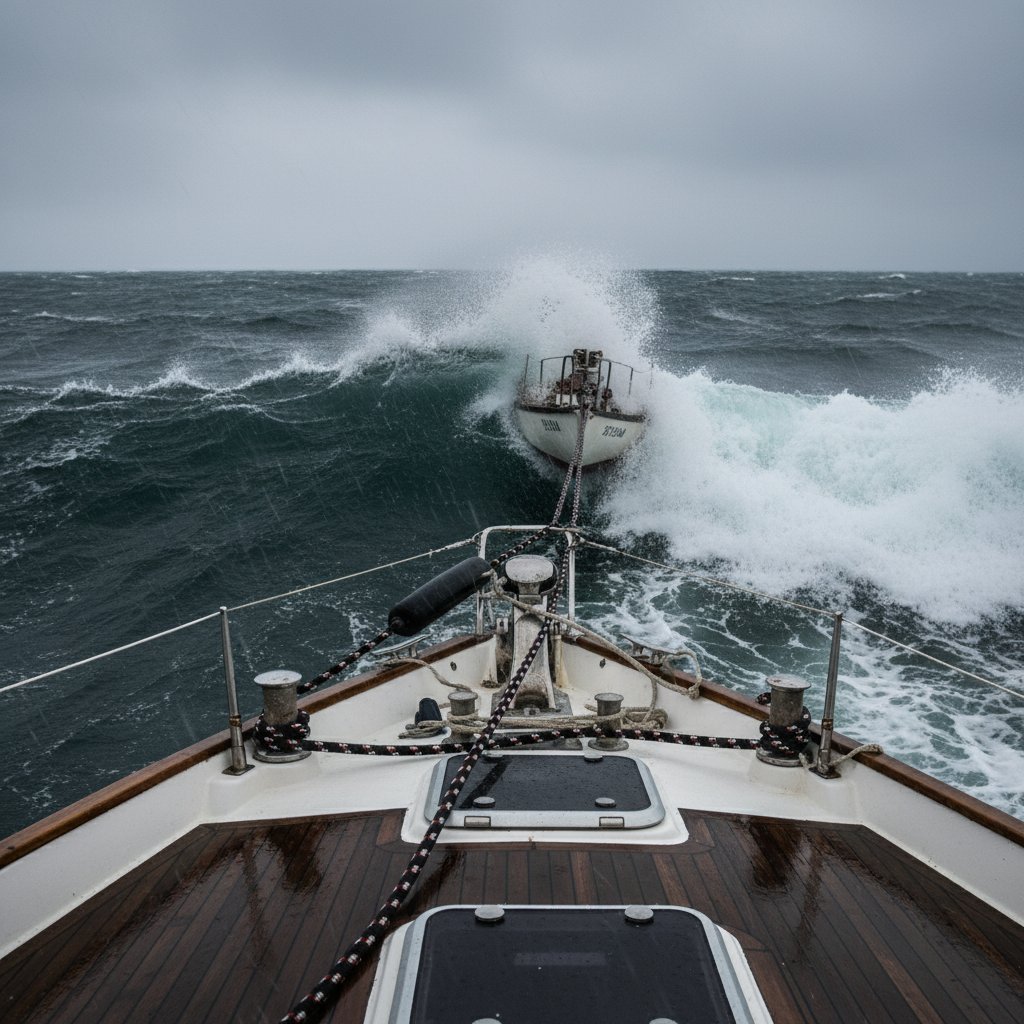 Boat anchor line straining against choppy waves with visible tension on cleats and hardware in stormy marine conditions