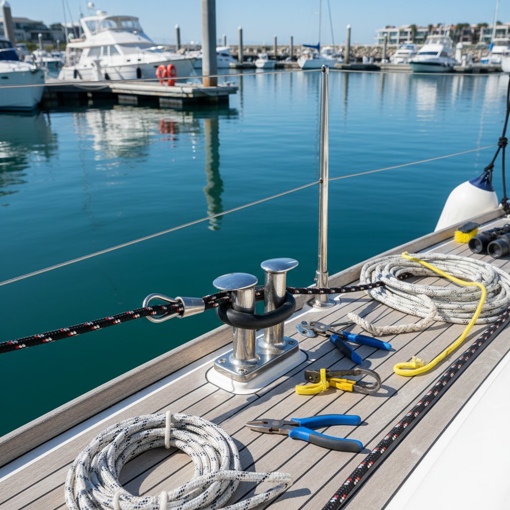 Custom anchor shock cord installation on a mid-size boat deck showing stainless steel thimbles loops attached to rode and cleat in a marina setting with tools nearby