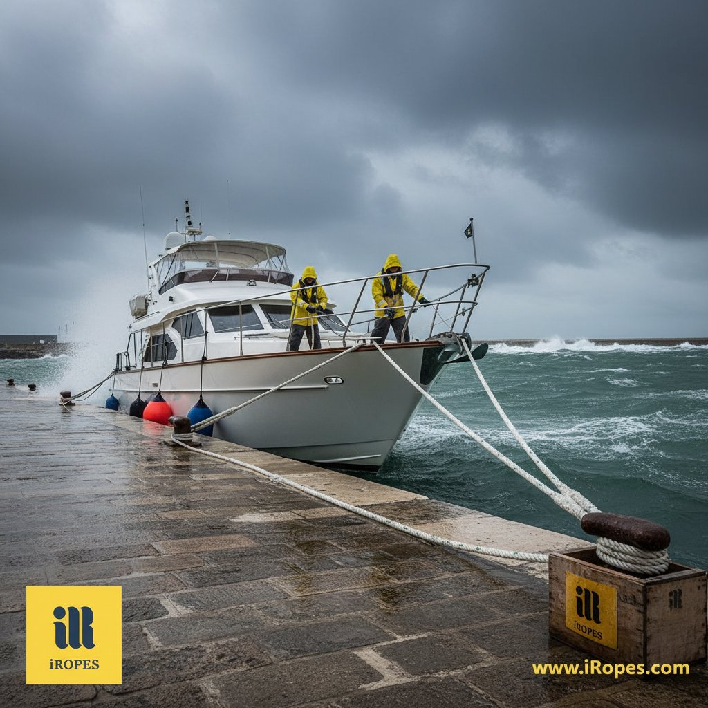 Yacht secured in med-style mooring during high winds and rising tide, with reinforced lines and fenders visible against a stormy sea backdrop, crew adjusting from deck