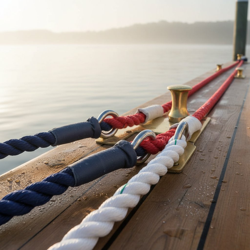 Close-up of yacht mooring lines with chafing gear wrapped around contact points, thimbles in splices, and fairleads on deck, set against a weathered dock in morning light showing varied rope colours and textures