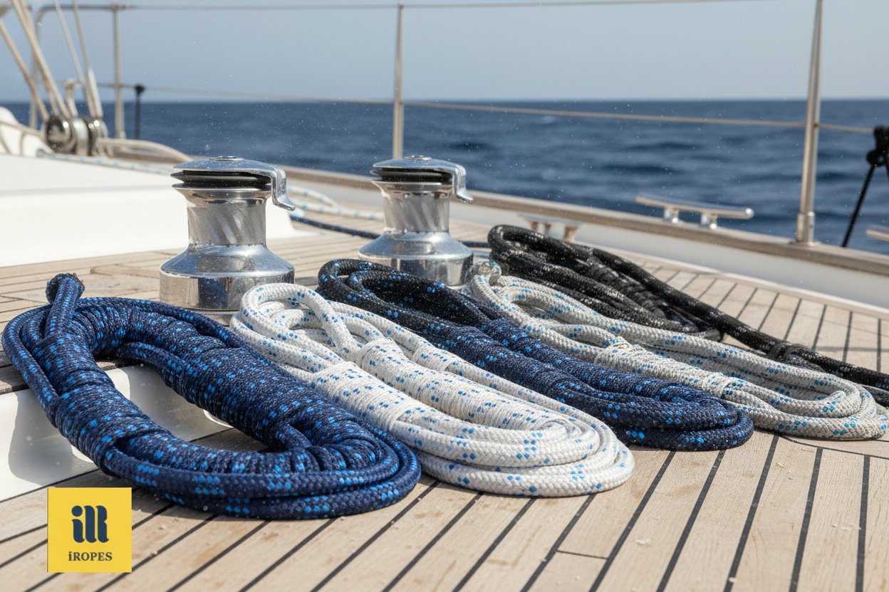 Coiled rigging ropes in polyester and HMPE on a wooden deck beside yacht winches, with varying diameters from 8mm to 14mm visible against salty air and ocean horizon, emphasizing material textures and color variations for marine durability