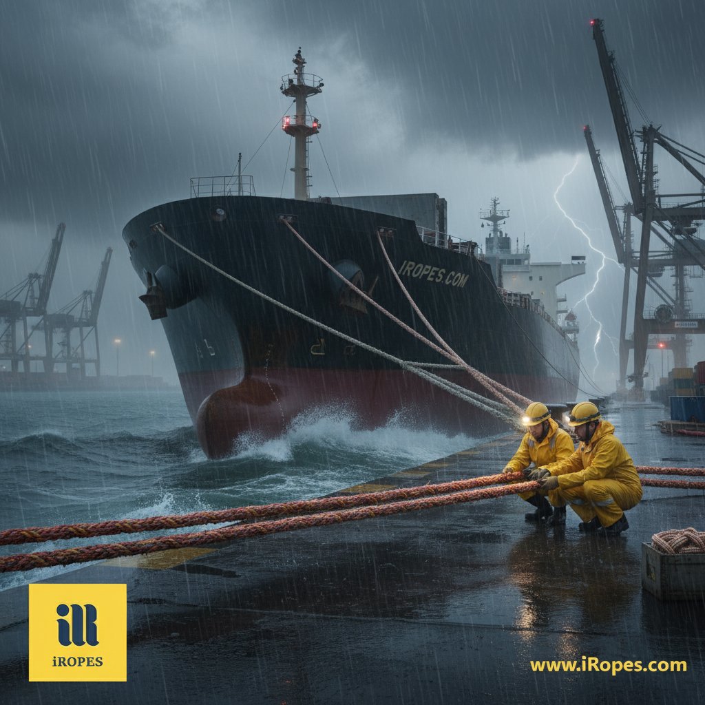 Commercial ship secured by thick mooring ropes against a stormy dockside, showing lines taut under wind pressure with crew members handling them safely